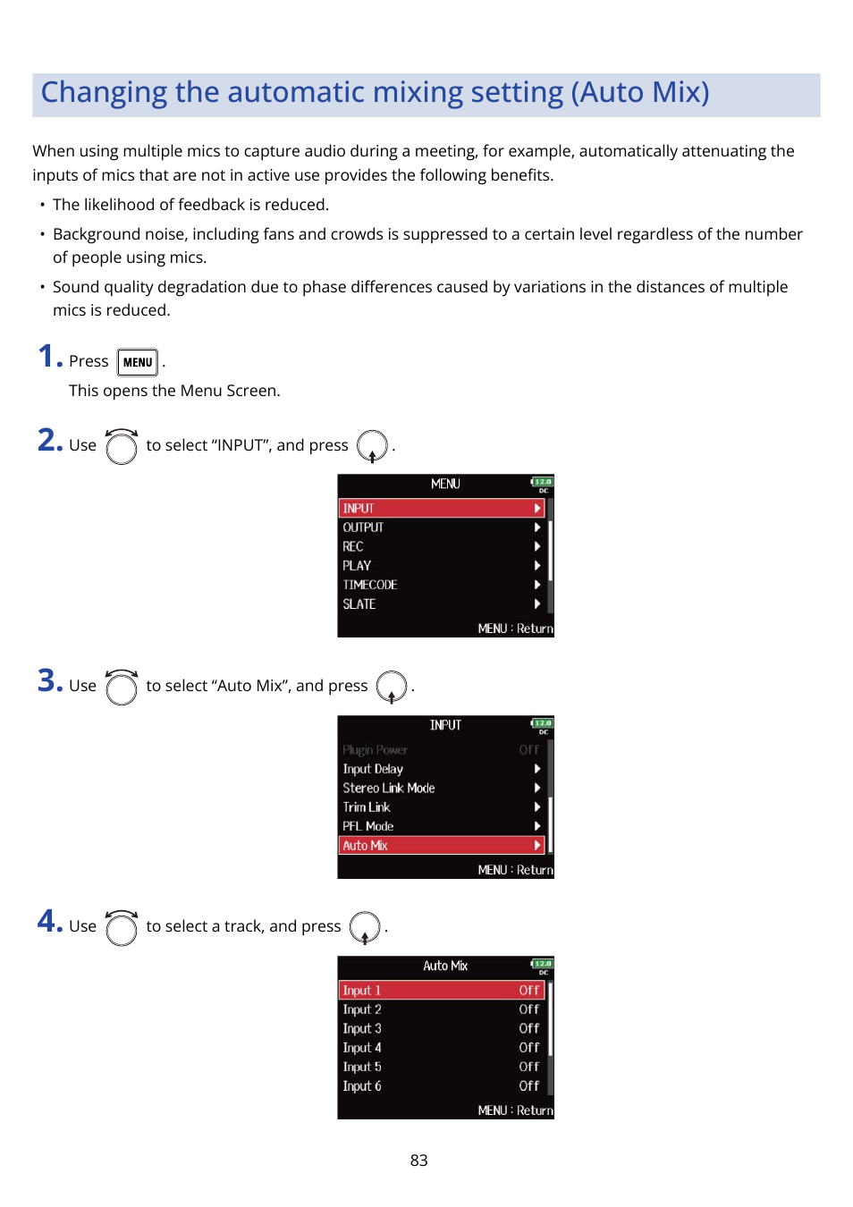 Changing the automatic mixing setting (auto mix) | Zoom F8n Pro 8-Input / 10-Track Multitrack Field Recorder User Manual | Page 83 / 316
