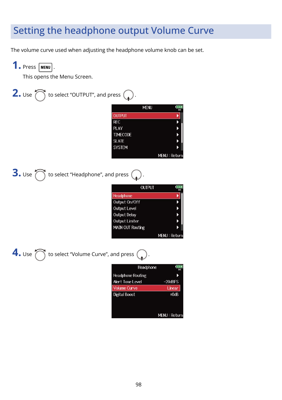 Setting the headphone output volume curve | Zoom F8n Pro 8-Input / 10-Track Multitrack Field Recorder User Manual | Page 98 / 316