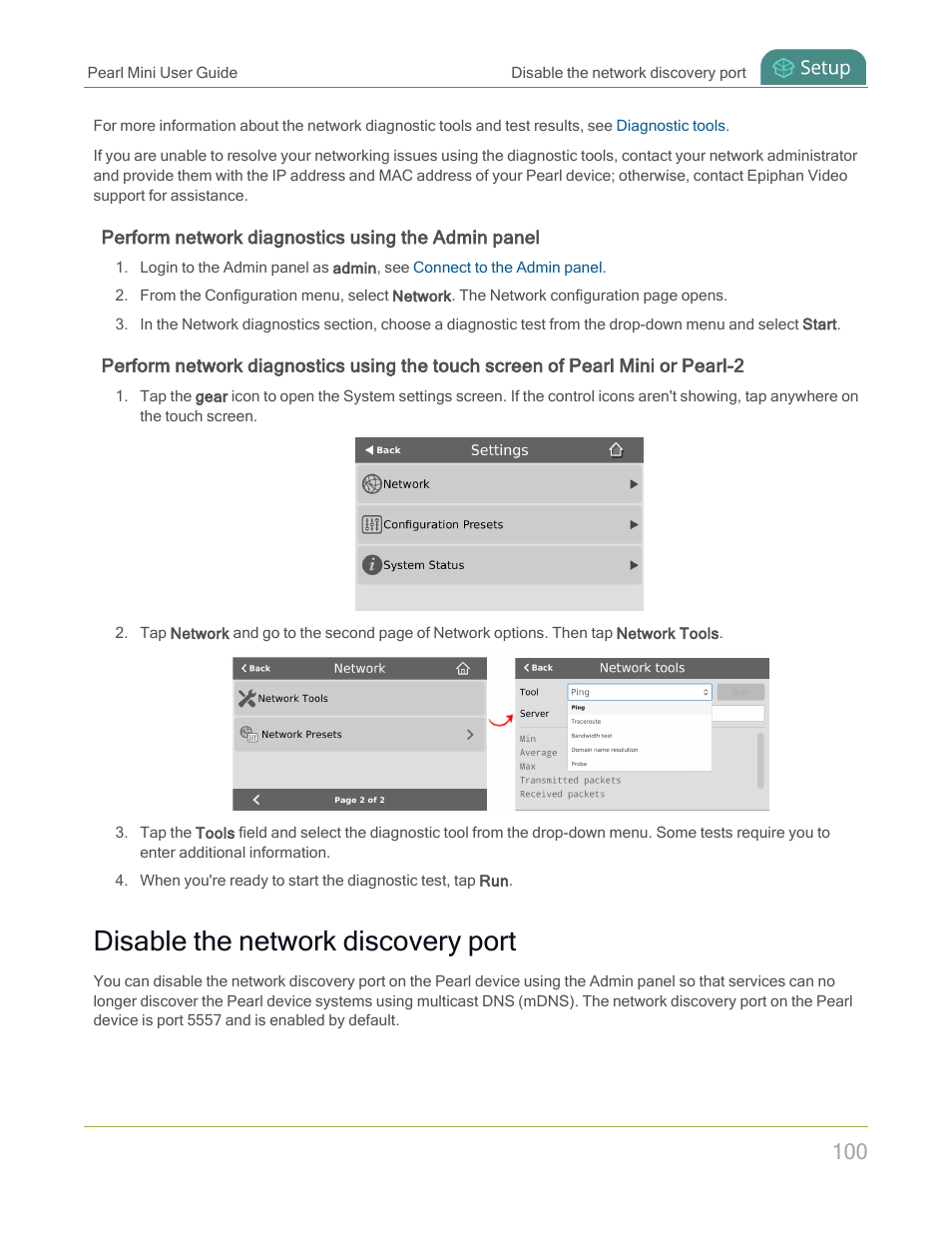 Disable the network discovery port | Epiphan Pearl Mini Live Video Production System with 512GB SSD (NA/JP) User Manual | Page 111 / 459