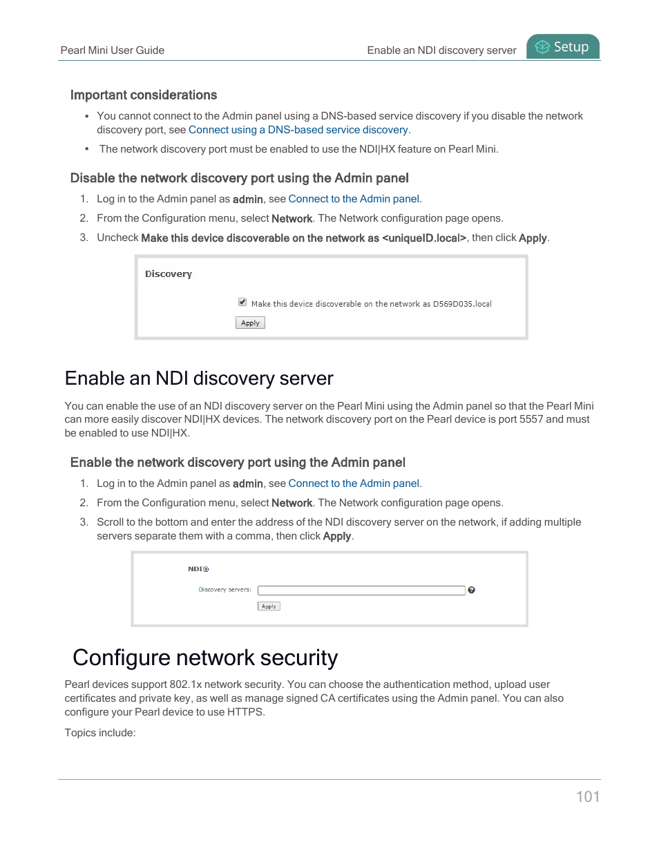 Configure network security, Enable an ndi discovery server | Epiphan Pearl Mini Live Video Production System with 512GB SSD (NA/JP) User Manual | Page 112 / 459