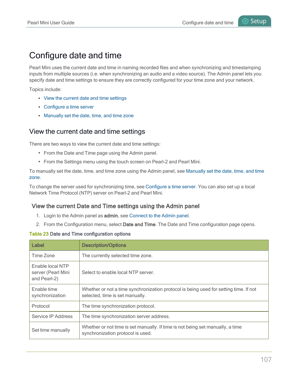 Configure date and time, View the current date and time settings | Epiphan Pearl Mini Live Video Production System with 512GB SSD (NA/JP) User Manual | Page 118 / 459