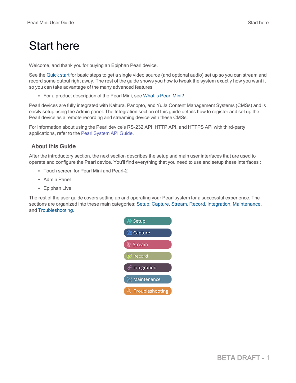 Start here, Beta draft - 1 | Epiphan Pearl Mini Live Video Production System with 512GB SSD (NA/JP) User Manual | Page 12 / 459