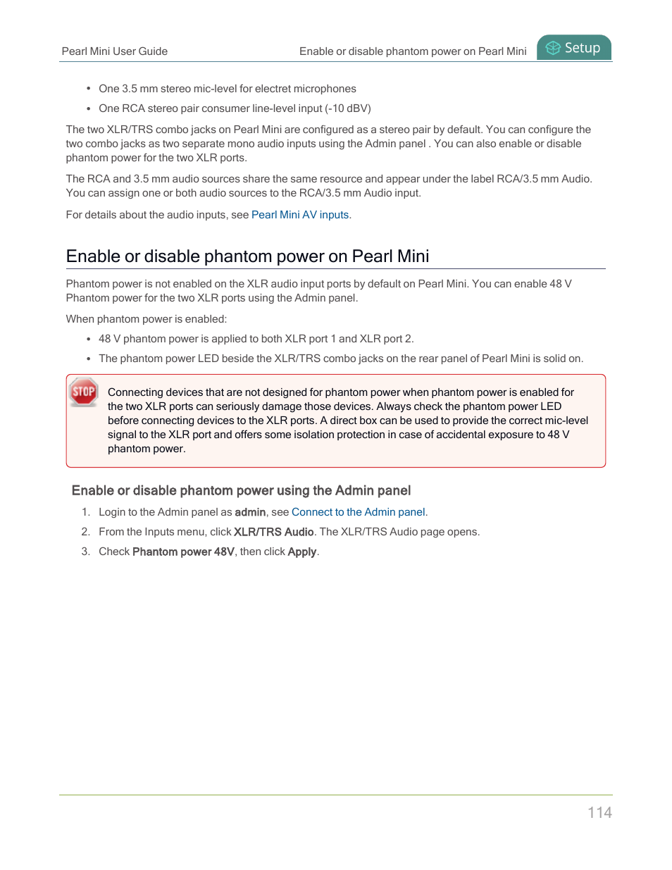 Enable or disable phantom power on pearl mini | Epiphan Pearl Mini Live Video Production System with 512GB SSD (NA/JP) User Manual | Page 125 / 459