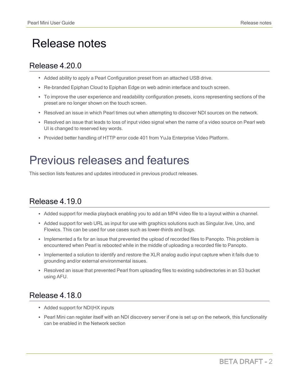 Previous releases and features, Release 4.20.0, Release 4.19.0 | Release 4.18.0, Beta draft - 2 | Epiphan Pearl Mini Live Video Production System with 512GB SSD (NA/JP) User Manual | Page 13 / 459