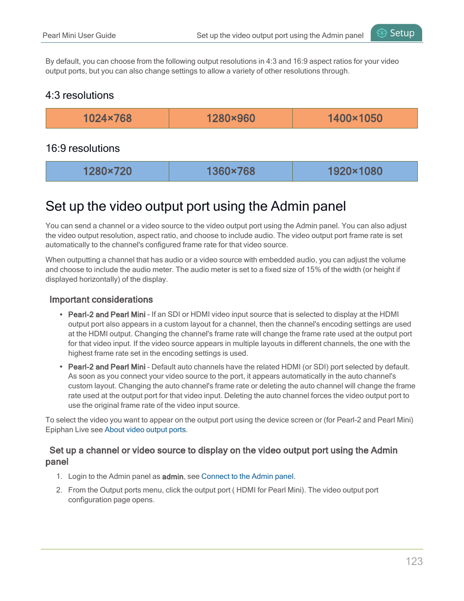 Set up the video output port using the admin panel | Epiphan Pearl Mini Live Video Production System with 512GB SSD (NA/JP) User Manual | Page 134 / 459