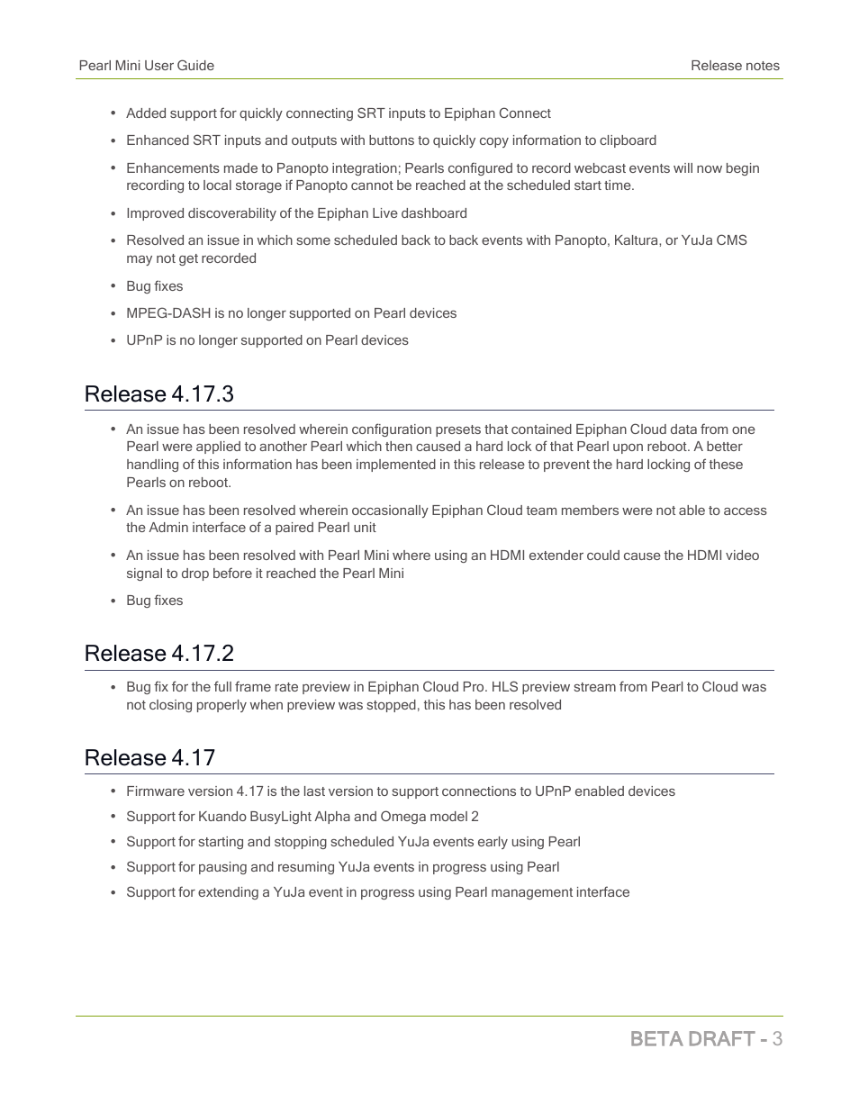 Release 4.17.3, Release 4.17.2, Release 4.17 | Beta draft - 3 | Epiphan Pearl Mini Live Video Production System with 512GB SSD (NA/JP) User Manual | Page 14 / 459