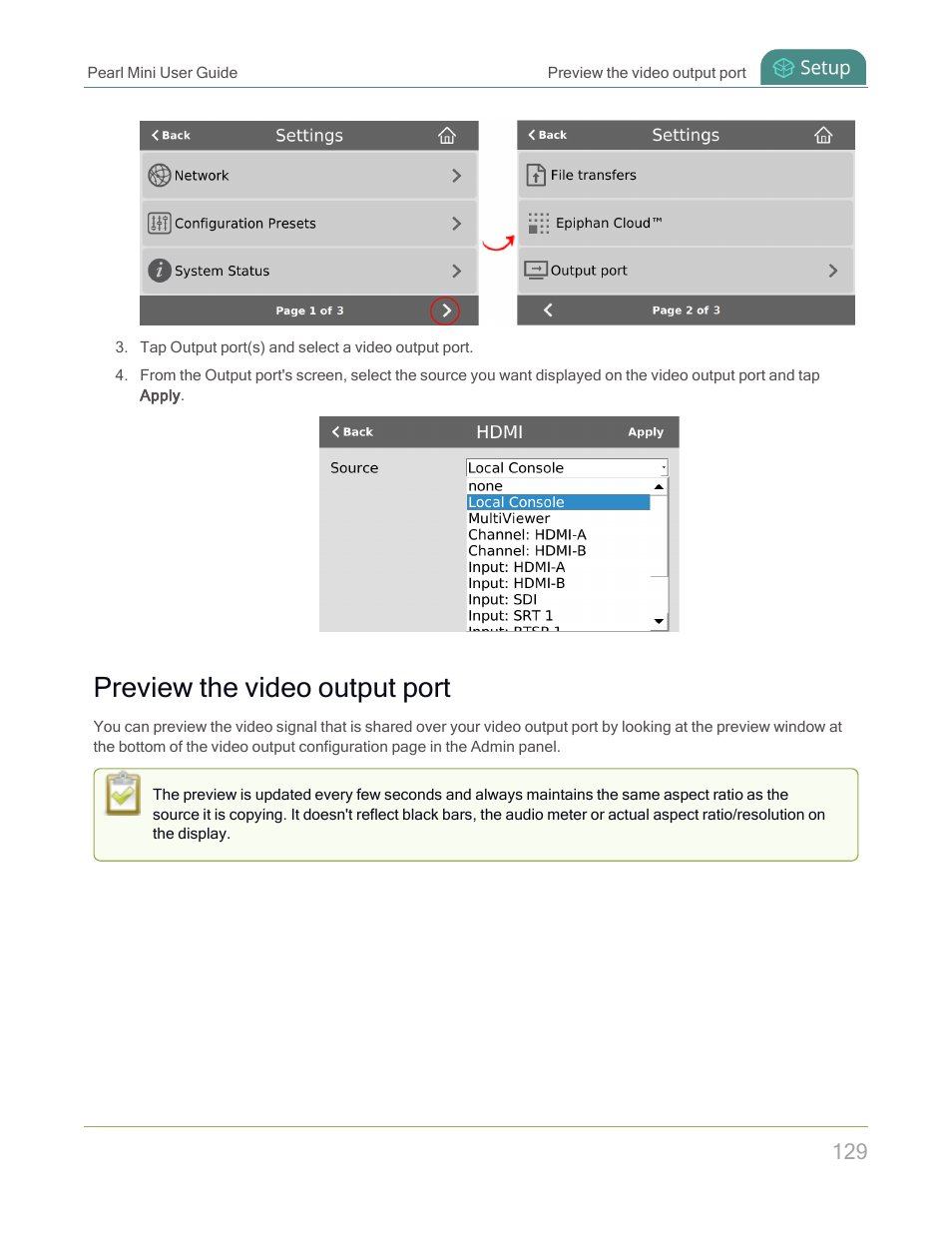 Preview the video output port | Epiphan Pearl Mini Live Video Production System with 512GB SSD (NA/JP) User Manual | Page 140 / 459