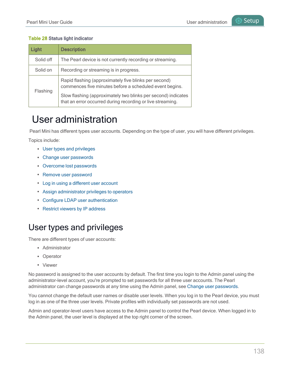 User administration, User types and privileges | Epiphan Pearl Mini Live Video Production System with 512GB SSD (NA/JP) User Manual | Page 149 / 459