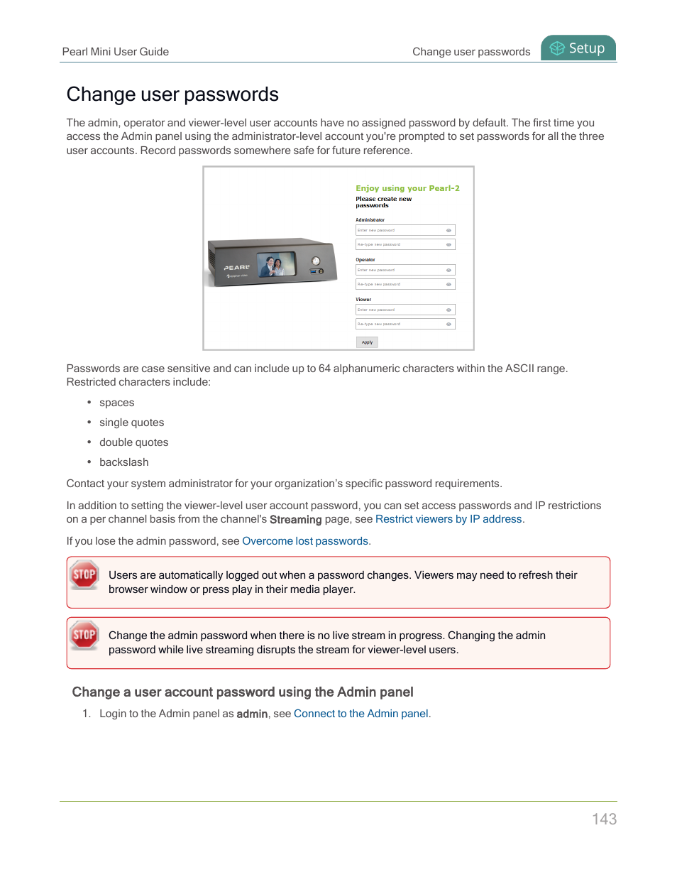 Change user passwords | Epiphan Pearl Mini Live Video Production System with 512GB SSD (NA/JP) User Manual | Page 154 / 459