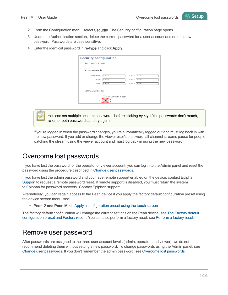 Overcome lost passwords, Remove user password | Epiphan Pearl Mini Live Video Production System with 512GB SSD (NA/JP) User Manual | Page 155 / 459