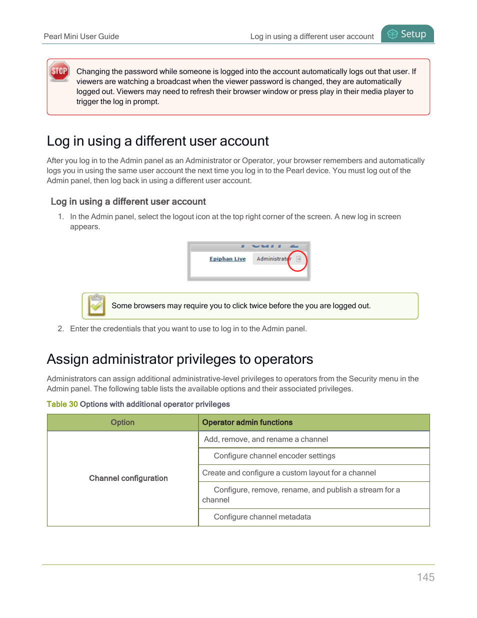 Log in using a different user account, Assign administrator privileges to operators | Epiphan Pearl Mini Live Video Production System with 512GB SSD (NA/JP) User Manual | Page 156 / 459