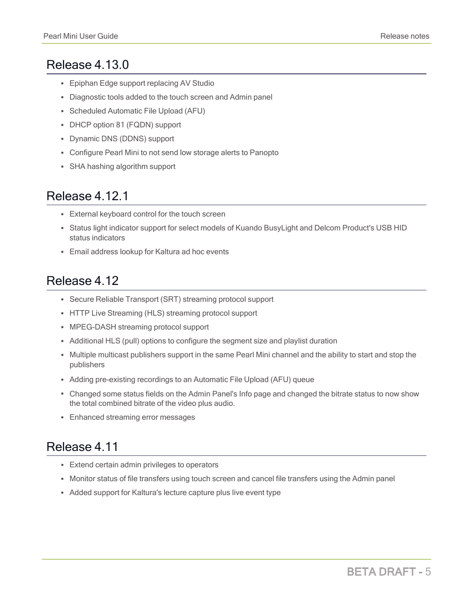 Release 4.13.0, Release 4.12.1, Release 4.12 | Release 4.11, Beta draft - 5 | Epiphan Pearl Mini Live Video Production System with 512GB SSD (NA/JP) User Manual | Page 16 / 459