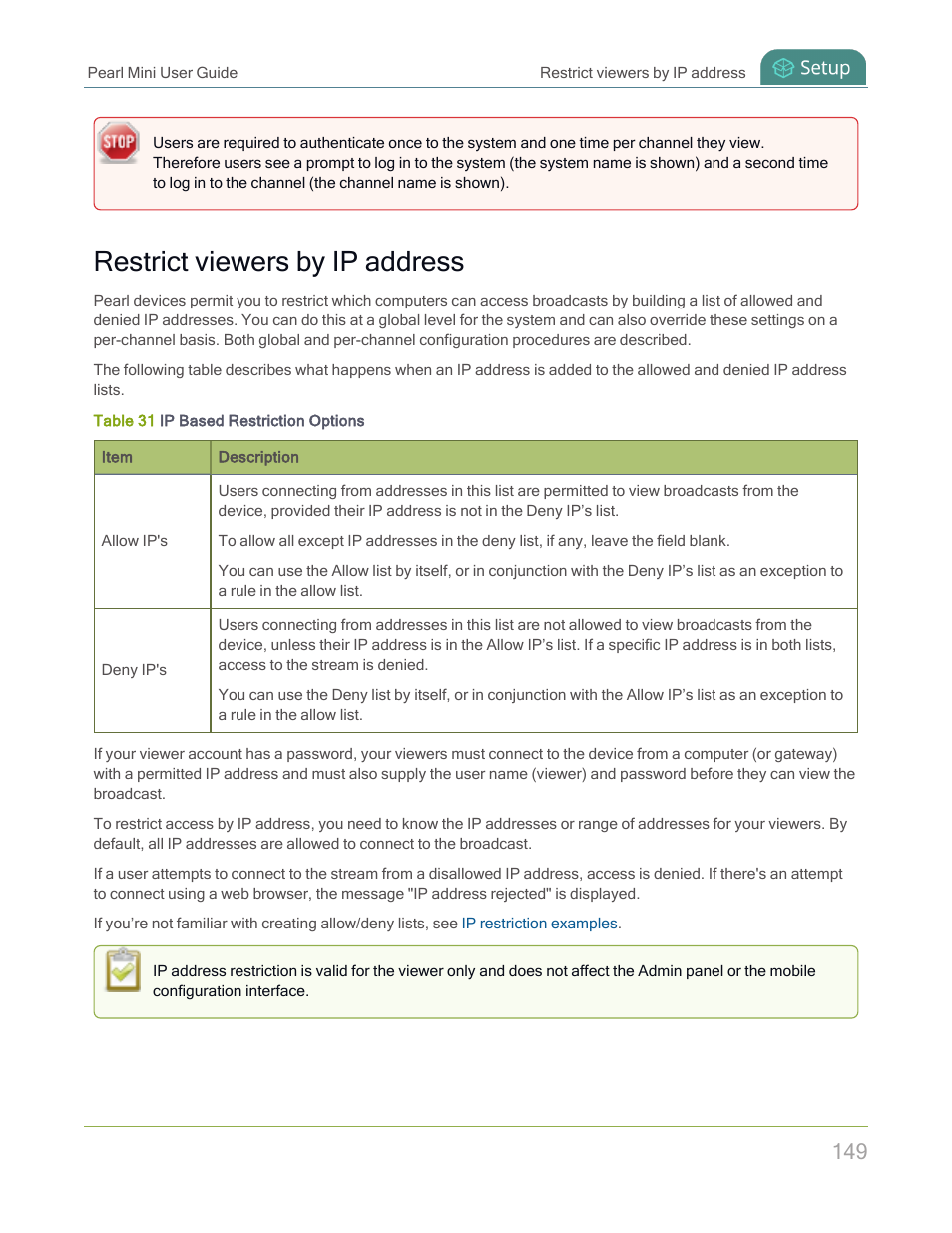 Restrict viewers by ip address | Epiphan Pearl Mini Live Video Production System with 512GB SSD (NA/JP) User Manual | Page 160 / 459