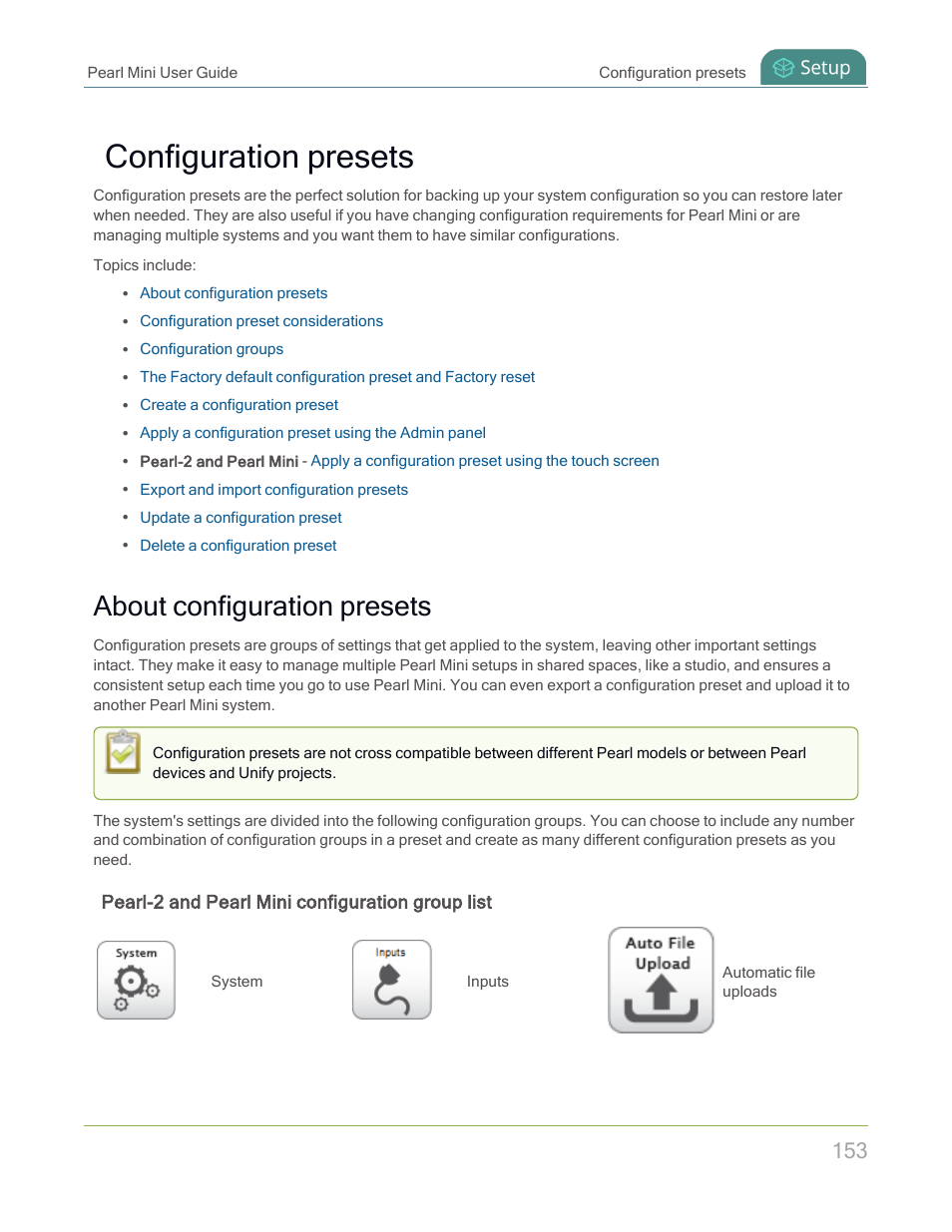 Configuration presets, About configuration presets, Pearl-2 and pearl mini configuration group list | Epiphan Pearl Mini Live Video Production System with 512GB SSD (NA/JP) User Manual | Page 164 / 459