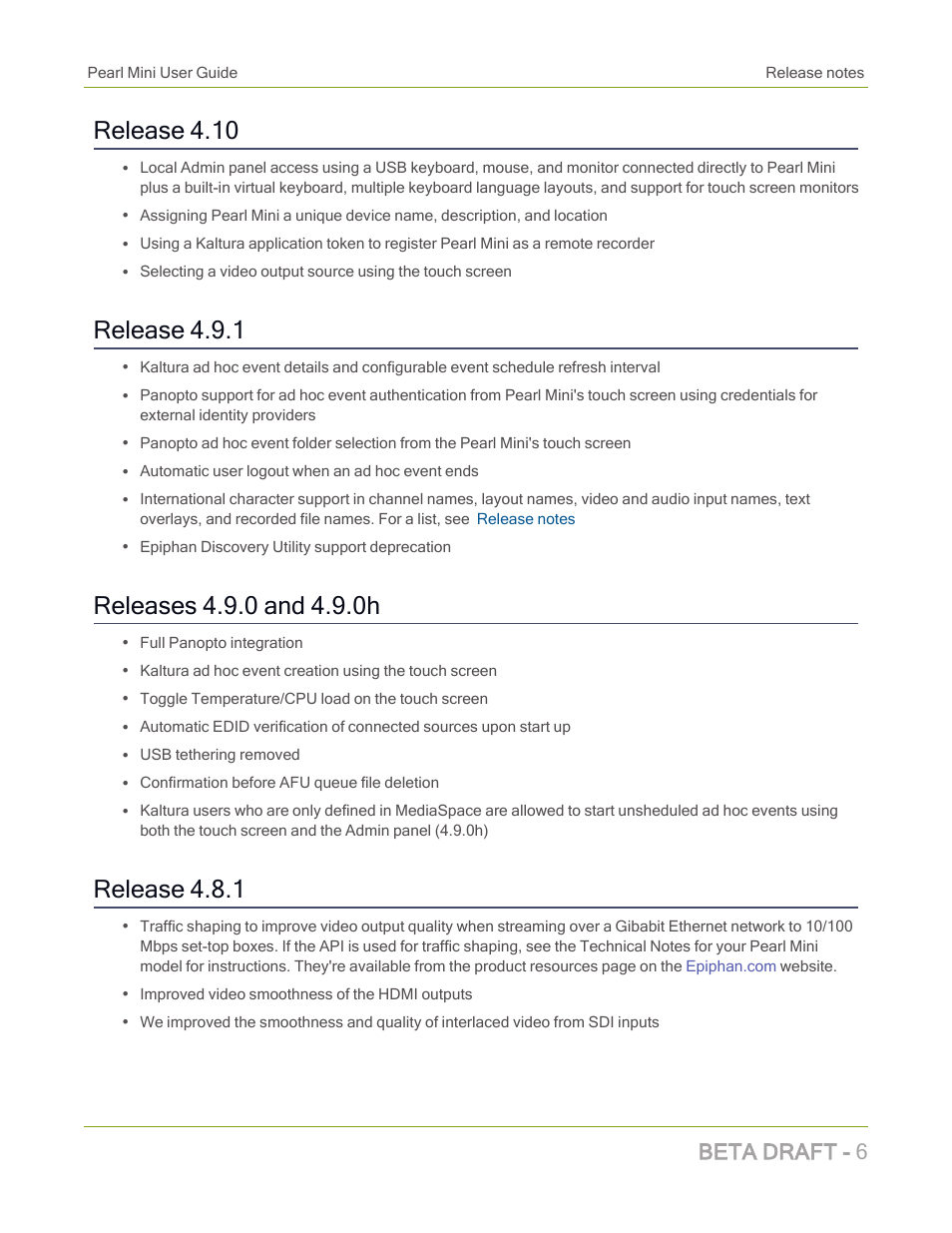 Release 4.10, Release 4.9.1, Release 4.8.1 | Beta draft - 6 | Epiphan Pearl Mini Live Video Production System with 512GB SSD (NA/JP) User Manual | Page 17 / 459