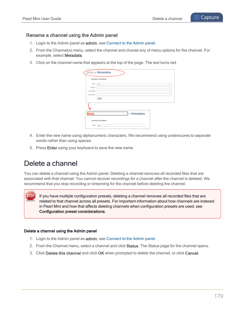 Delete a channel | Epiphan Pearl Mini Live Video Production System with 512GB SSD (NA/JP) User Manual | Page 190 / 459