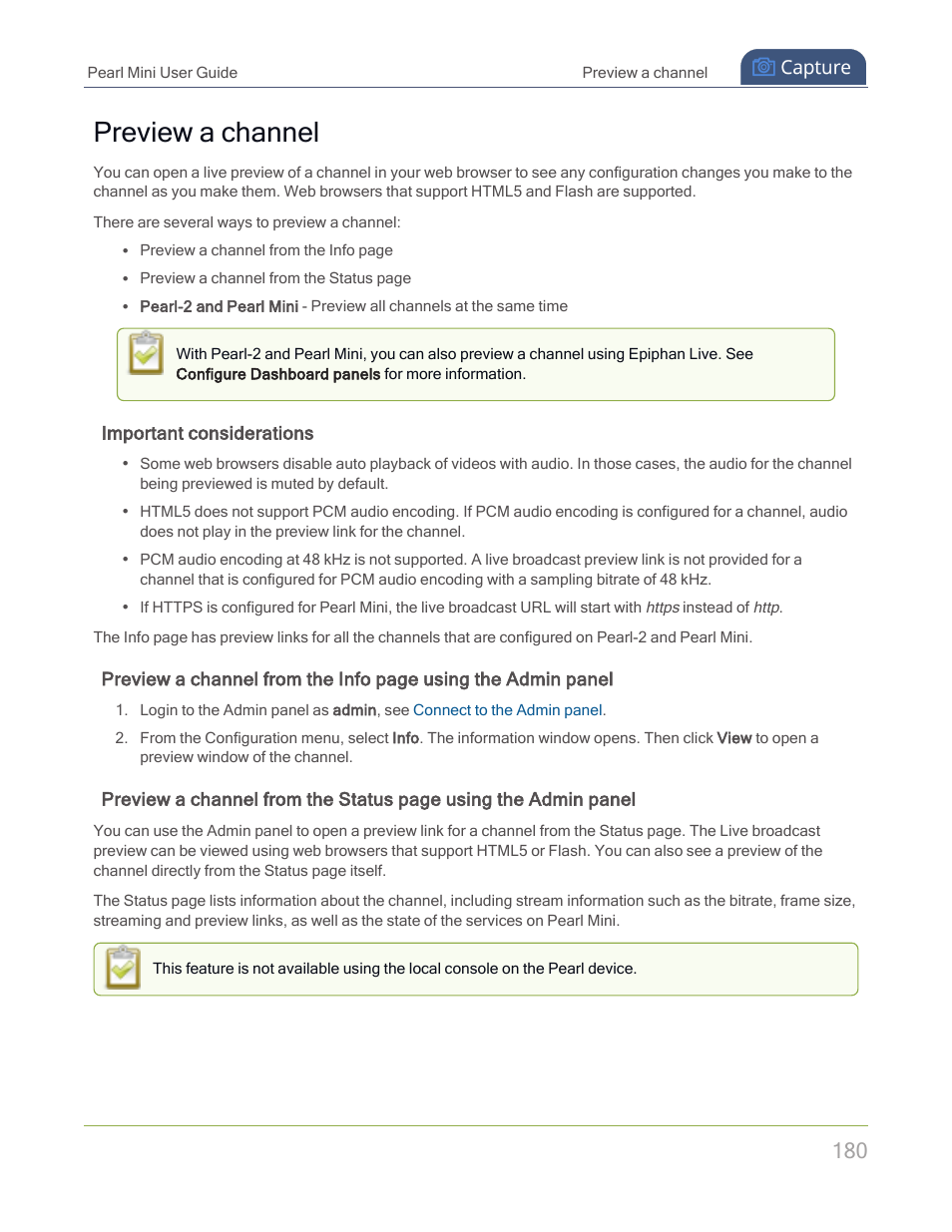 Preview a channel, Important considerations | Epiphan Pearl Mini Live Video Production System with 512GB SSD (NA/JP) User Manual | Page 191 / 459