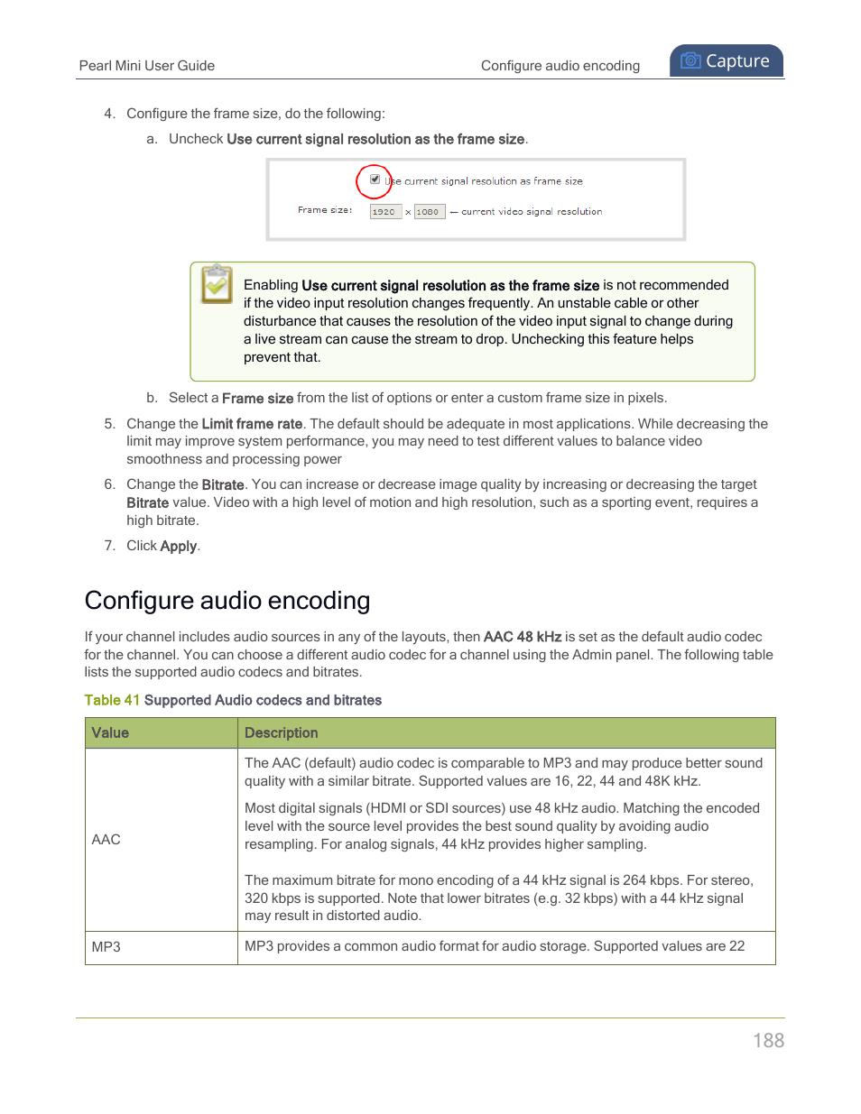 Configure audio encoding | Epiphan Pearl Mini Live Video Production System with 512GB SSD (NA/JP) User Manual | Page 199 / 459