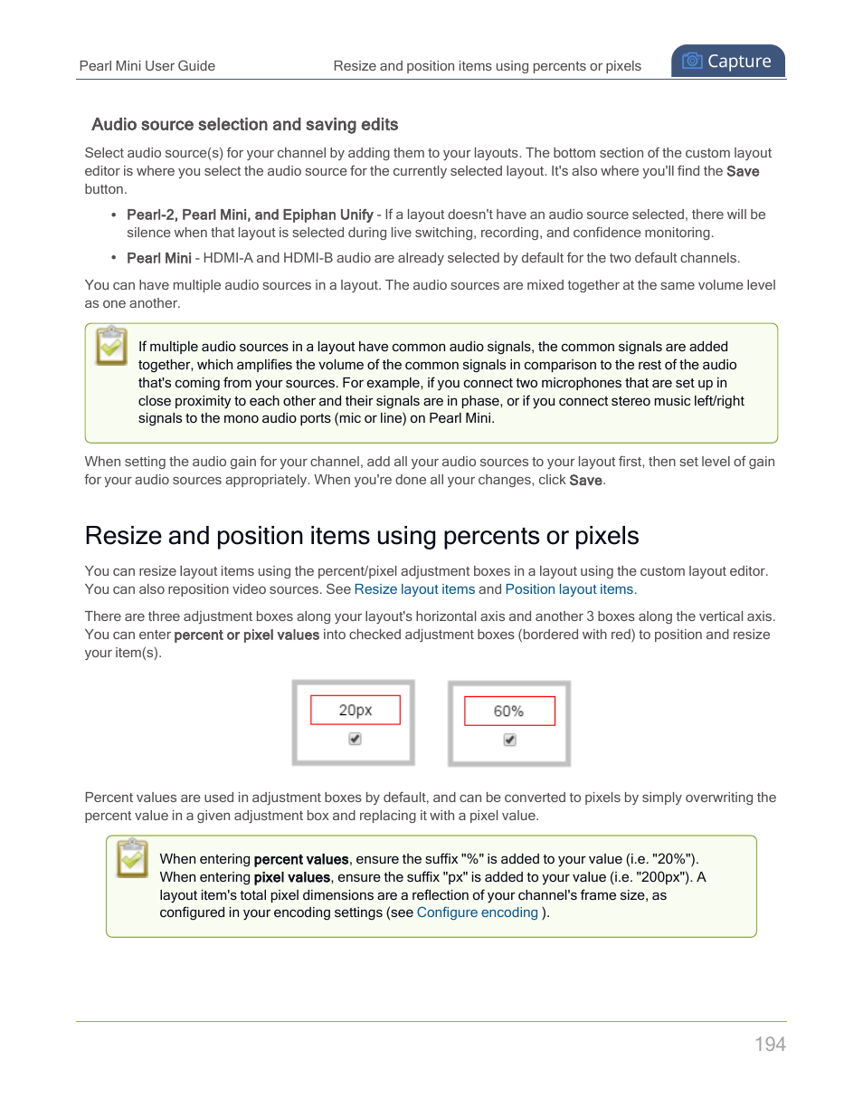 Resize and position items using percents or pixels | Epiphan Pearl Mini Live Video Production System with 512GB SSD (NA/JP) User Manual | Page 205 / 459