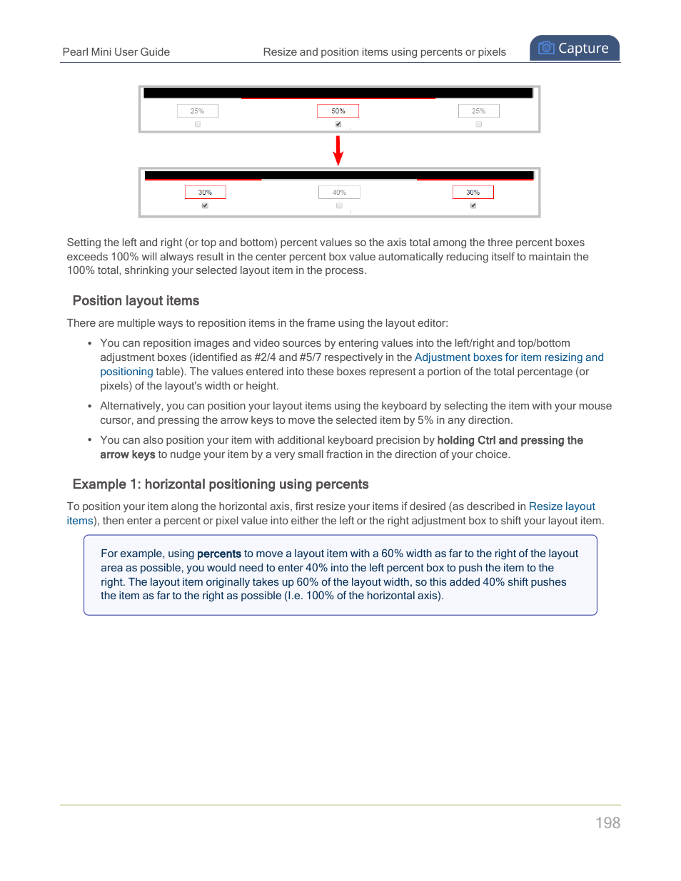 Position layout items, Example 1: horizontal positioning using percents | Epiphan Pearl Mini Live Video Production System with 512GB SSD (NA/JP) User Manual | Page 209 / 459