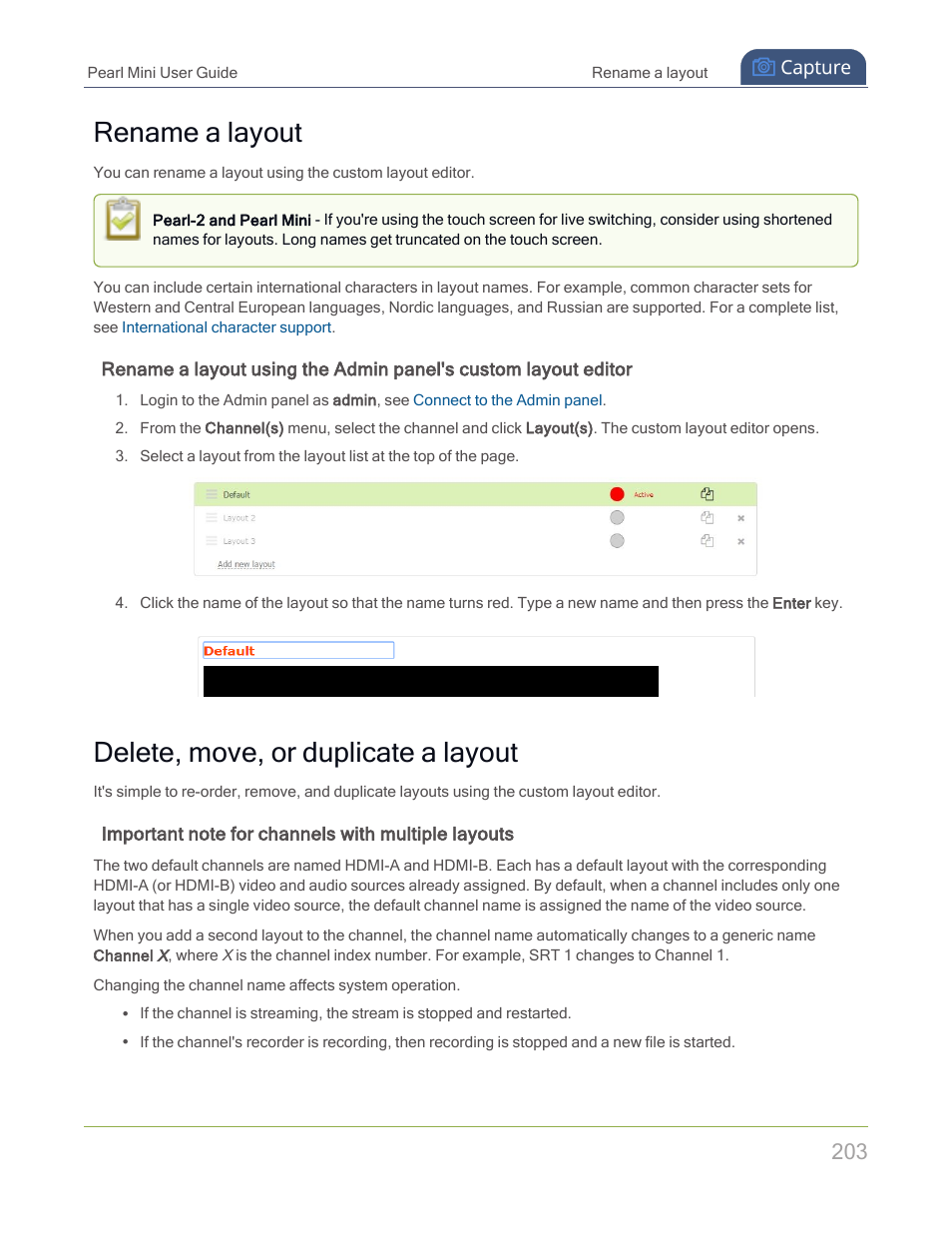 Rename a layout, Delete, move, or duplicate a layout | Epiphan Pearl Mini Live Video Production System with 512GB SSD (NA/JP) User Manual | Page 214 / 459