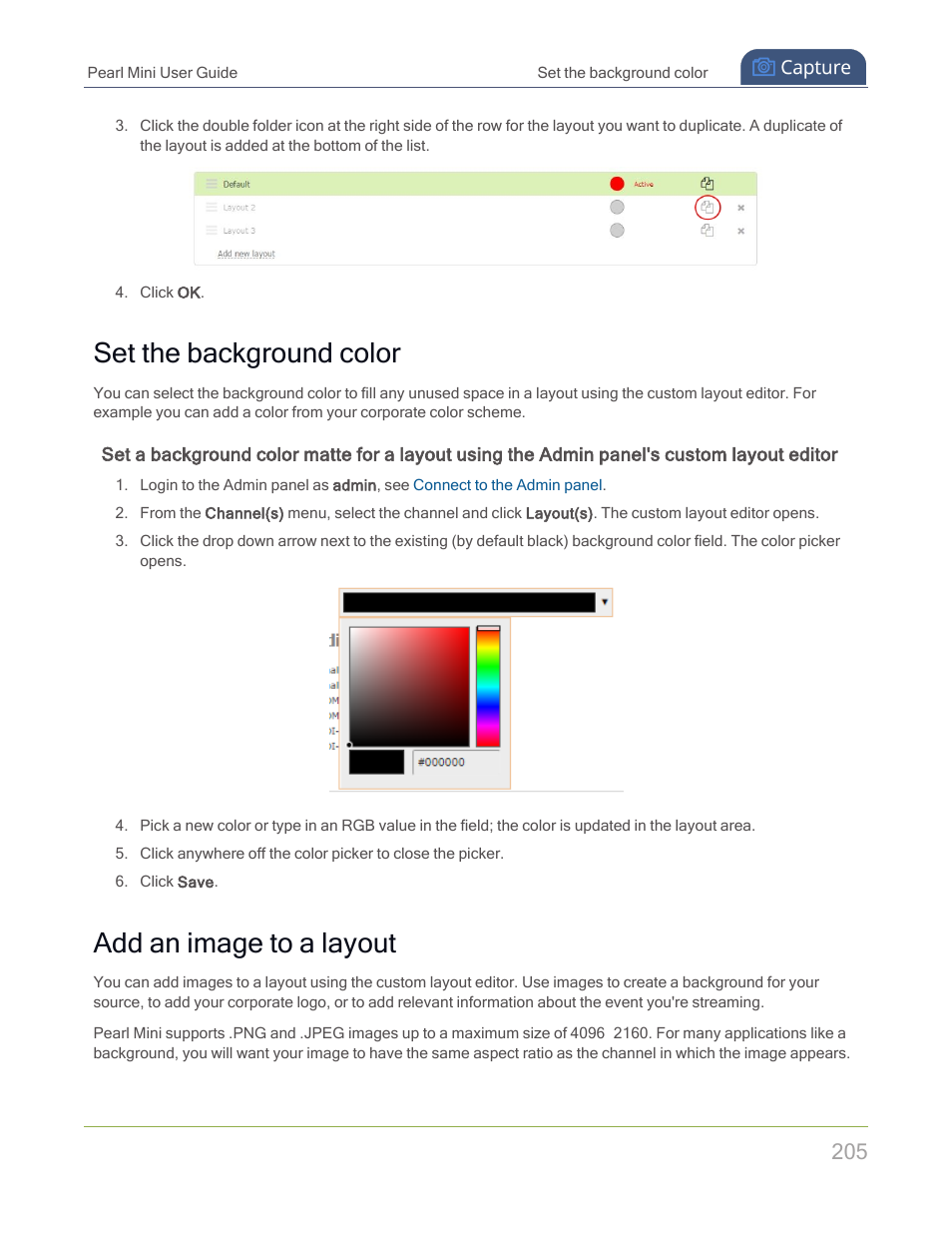 Set the background color, Add an image to a layout | Epiphan Pearl Mini Live Video Production System with 512GB SSD (NA/JP) User Manual | Page 216 / 459