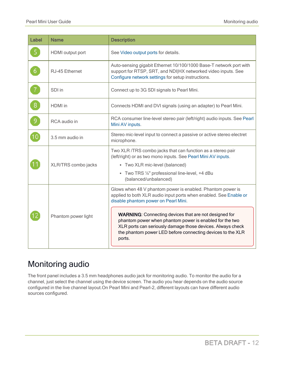 Monitoring audio, Beta draft - 12 | Epiphan Pearl Mini Live Video Production System with 512GB SSD (NA/JP) User Manual | Page 23 / 459