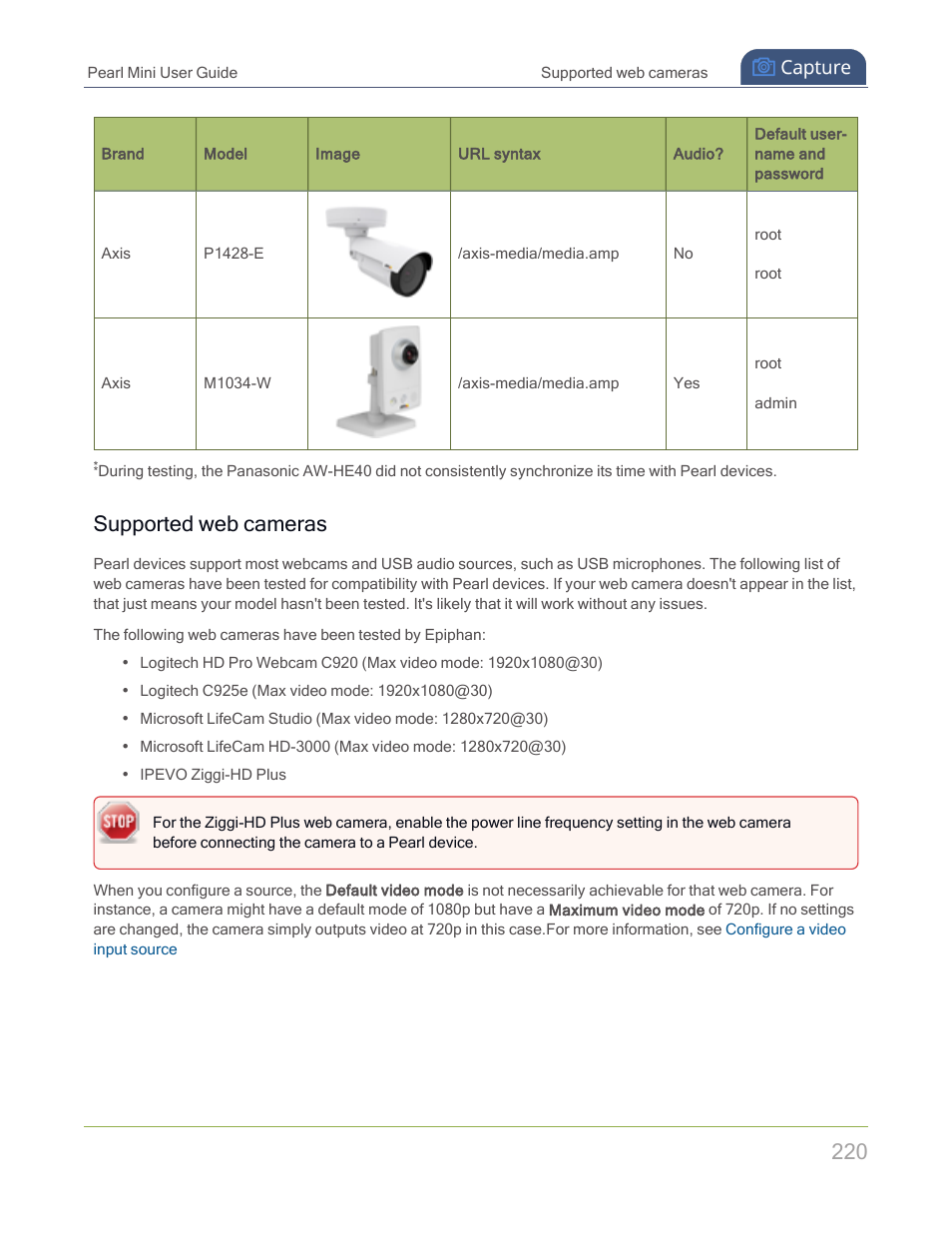 Supported web cameras | Epiphan Pearl Mini Live Video Production System with 512GB SSD (NA/JP) User Manual | Page 231 / 459