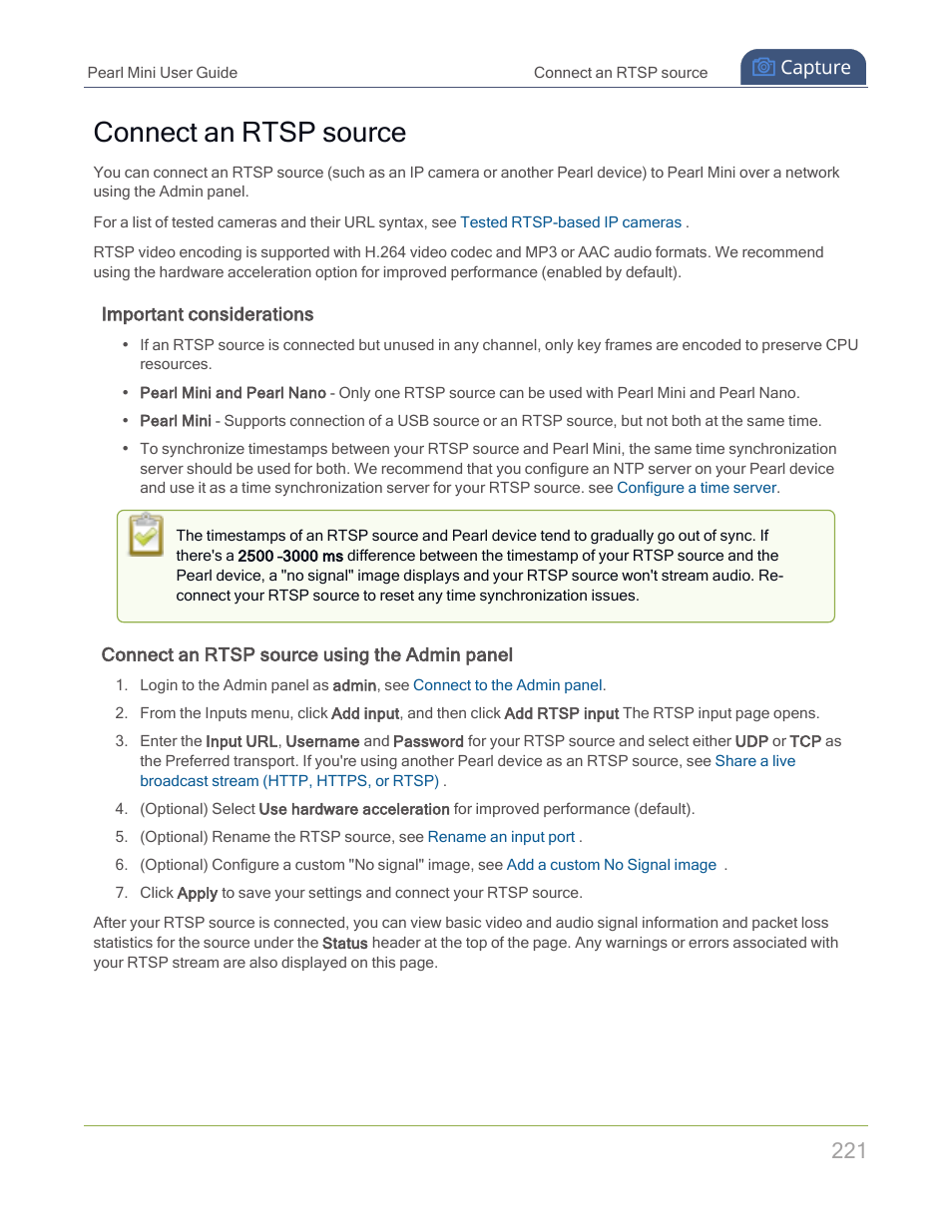 Connect an rtsp source | Epiphan Pearl Mini Live Video Production System with 512GB SSD (NA/JP) User Manual | Page 232 / 459