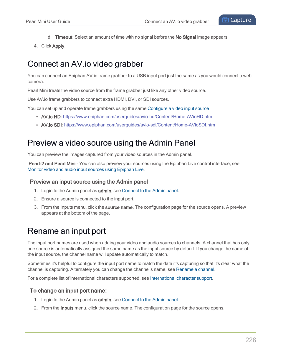 Connect an av.io video grabber, Preview a video source using the admin panel, Rename an input port | Epiphan Pearl Mini Live Video Production System with 512GB SSD (NA/JP) User Manual | Page 239 / 459