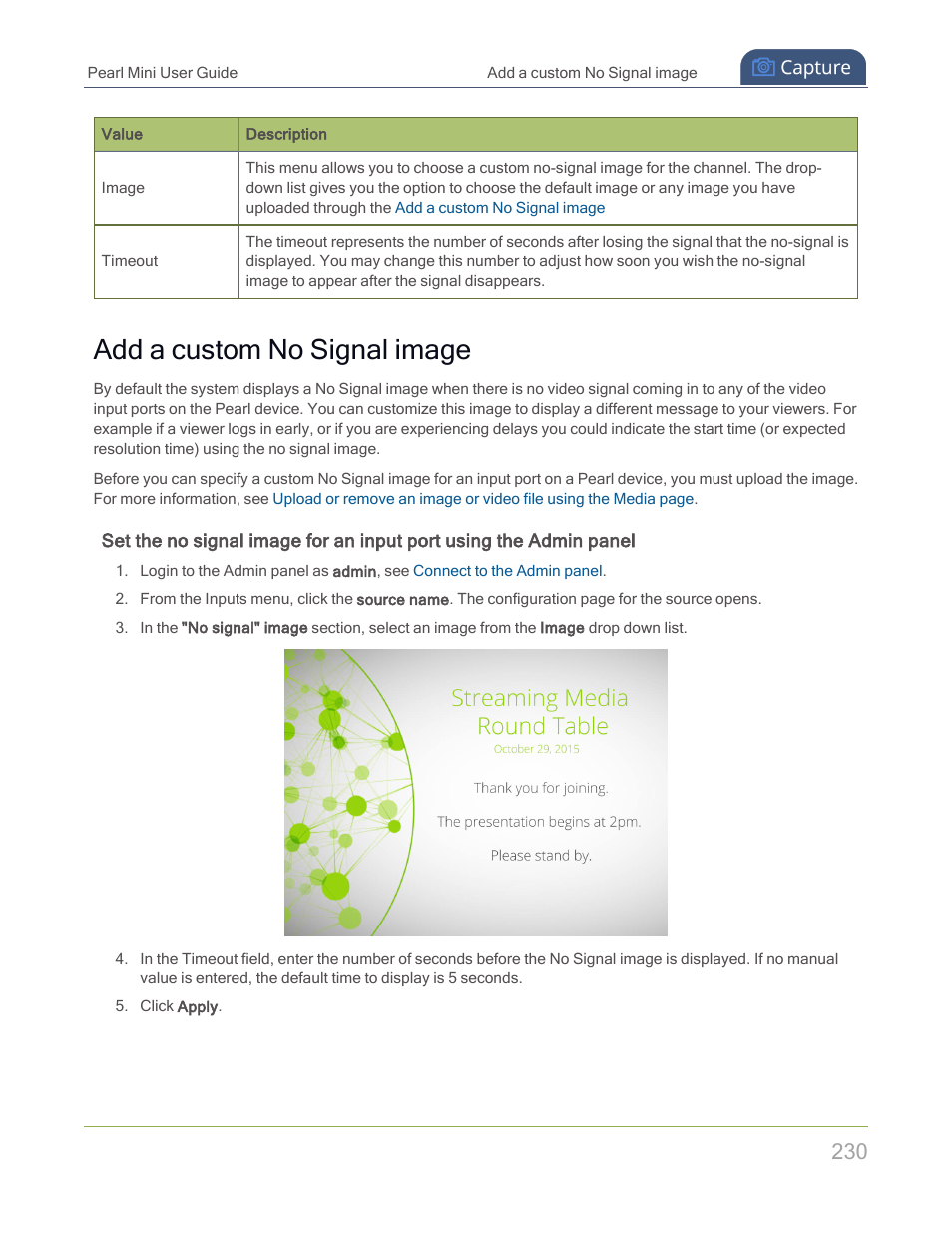 Add a custom no signal image | Epiphan Pearl Mini Live Video Production System with 512GB SSD (NA/JP) User Manual | Page 241 / 459