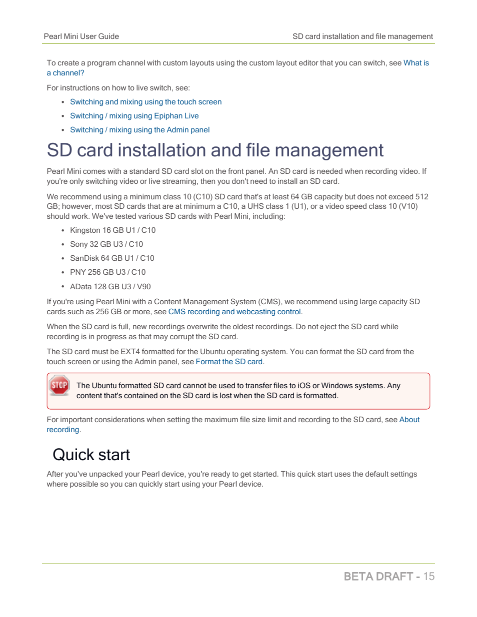 Sd card installation and file management, Quick start, Beta draft - 15 | Epiphan Pearl Mini Live Video Production System with 512GB SSD (NA/JP) User Manual | Page 26 / 459