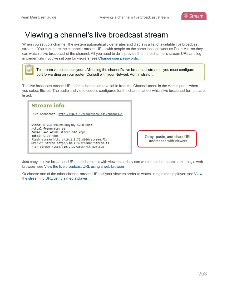 Viewing a channel's live broadcast stream | Epiphan Pearl Mini Live Video Production System with 512GB SSD (NA/JP) User Manual | Page 264 / 459