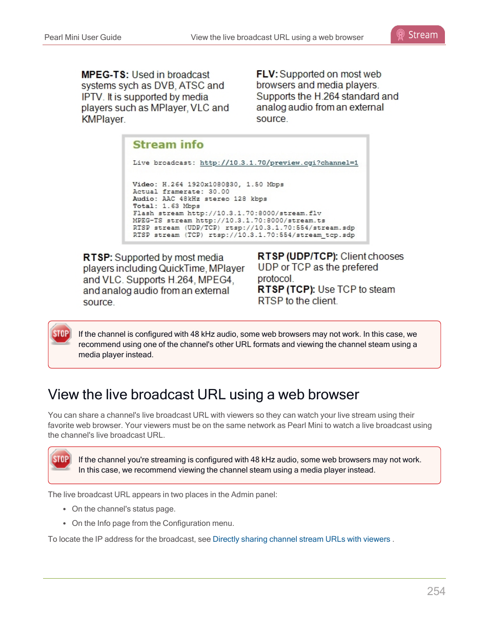 View the live broadcast url using a web browser | Epiphan Pearl Mini Live Video Production System with 512GB SSD (NA/JP) User Manual | Page 265 / 459