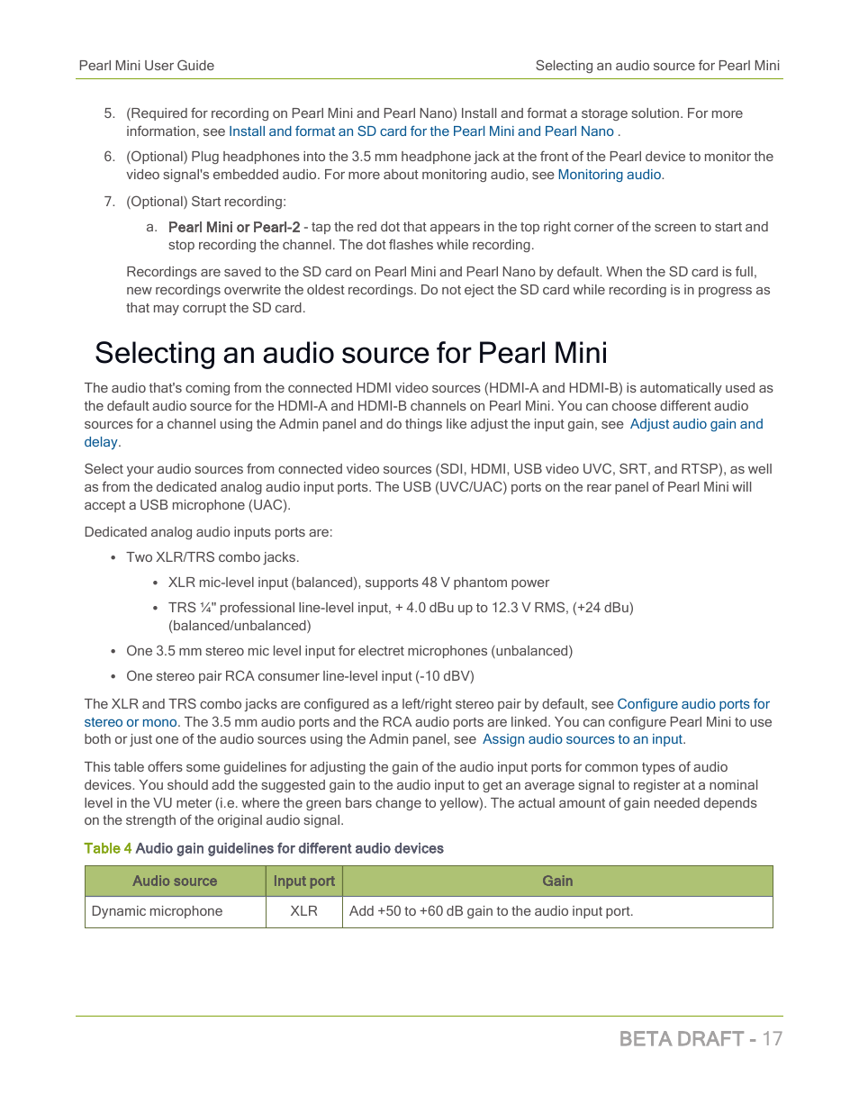 Selecting an audio source for pearl mini, Beta draft - 17 | Epiphan Pearl Mini Live Video Production System with 512GB SSD (NA/JP) User Manual | Page 28 / 459