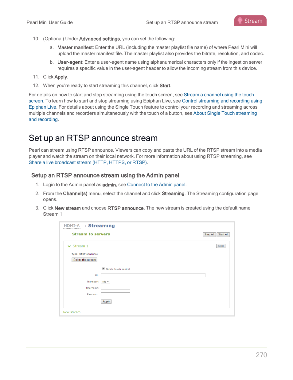 Set up an rtsp announce stream | Epiphan Pearl Mini Live Video Production System with 512GB SSD (NA/JP) User Manual | Page 281 / 459