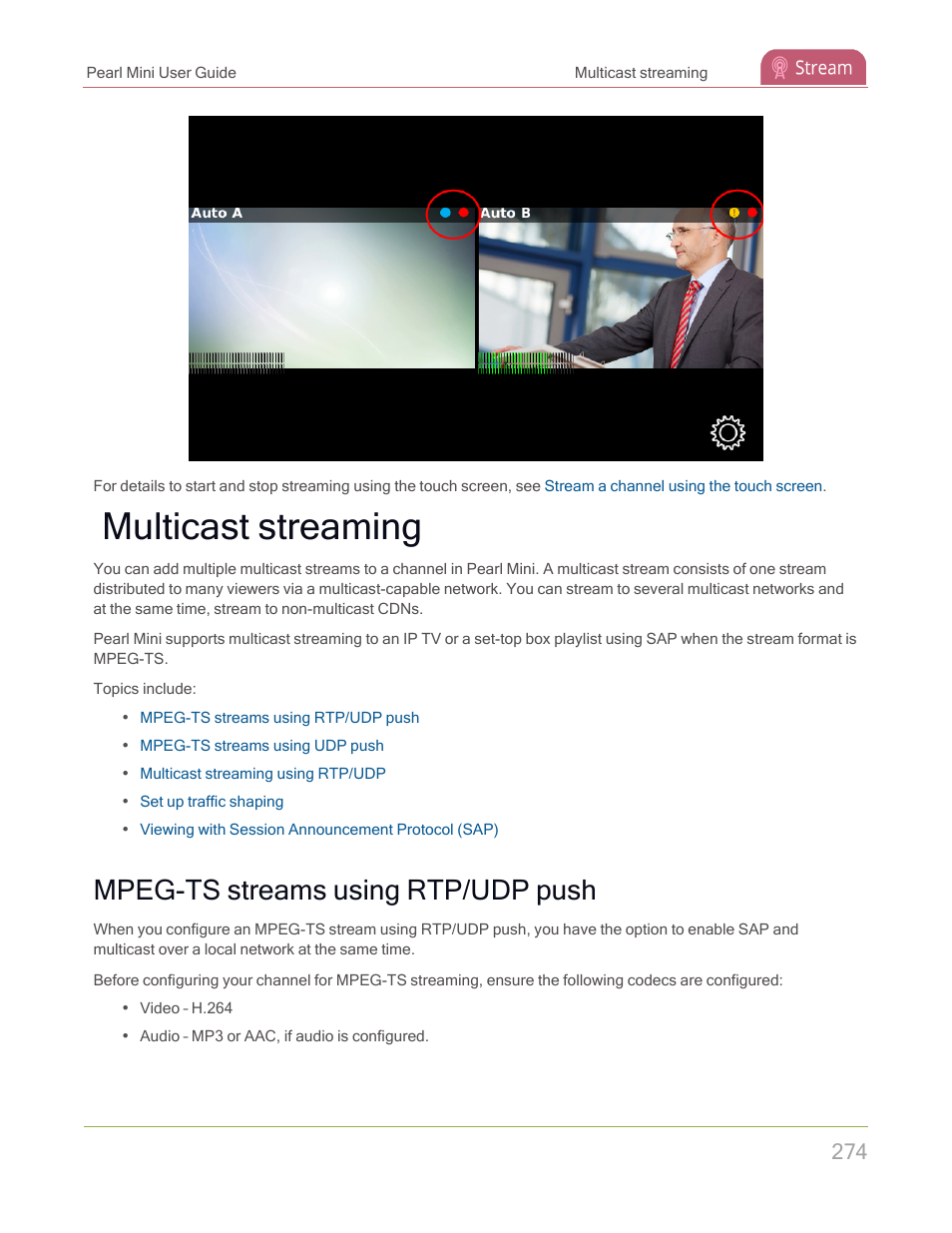 Multicast streaming, Mpeg-ts streams using rtp/udp push | Epiphan Pearl Mini Live Video Production System with 512GB SSD (NA/JP) User Manual | Page 285 / 459