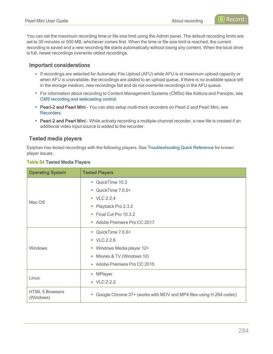 Important considerations, Tested media players | Epiphan Pearl Mini Live Video Production System with 512GB SSD (NA/JP) User Manual | Page 295 / 459