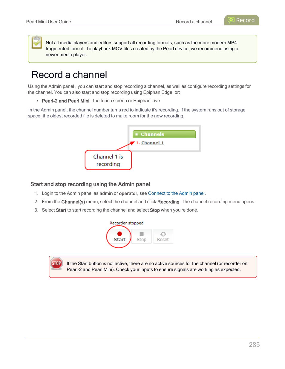 Record a channel | Epiphan Pearl Mini Live Video Production System with 512GB SSD (NA/JP) User Manual | Page 296 / 459
