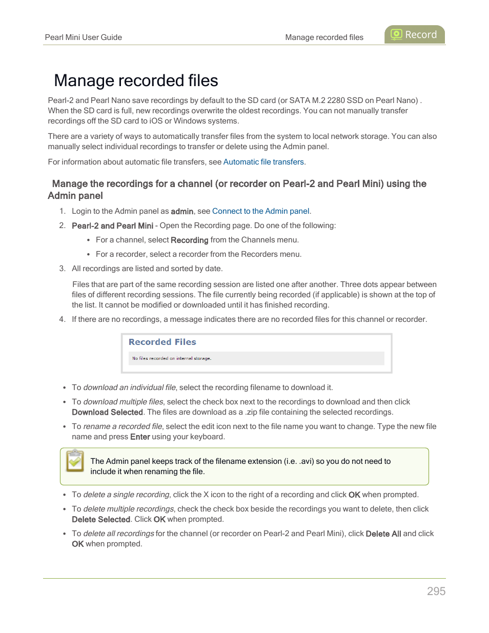 Manage recorded files | Epiphan Pearl Mini Live Video Production System with 512GB SSD (NA/JP) User Manual | Page 306 / 459