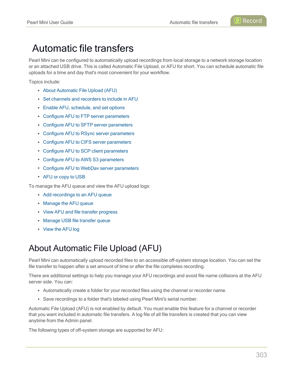 Automatic file transfers, About automatic file upload (afu) | Epiphan Pearl Mini Live Video Production System with 512GB SSD (NA/JP) User Manual | Page 314 / 459