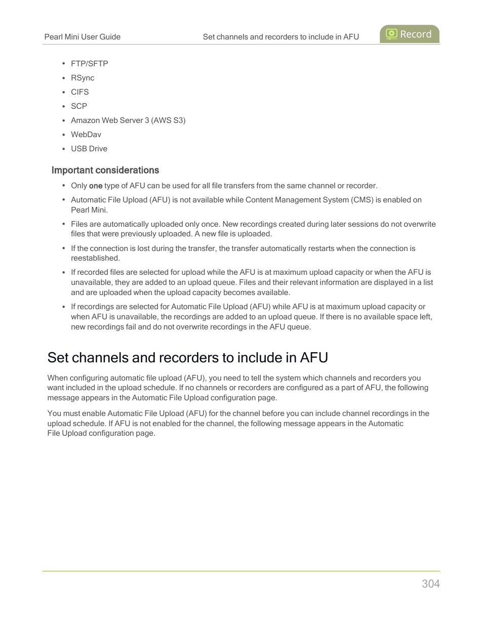 Set channels and recorders to include in afu, Important considerations | Epiphan Pearl Mini Live Video Production System with 512GB SSD (NA/JP) User Manual | Page 315 / 459