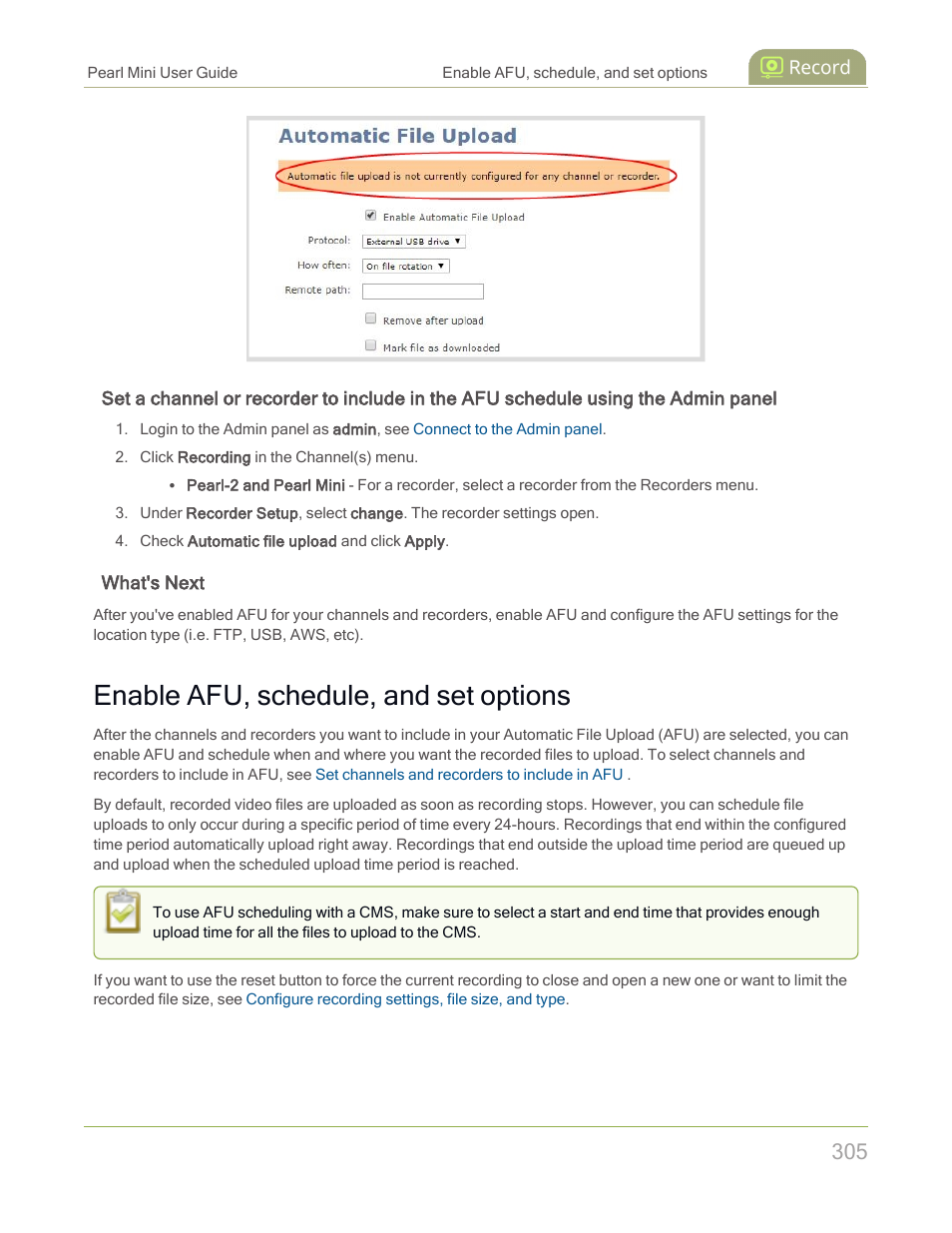 Enable afu, schedule, and set options | Epiphan Pearl Mini Live Video Production System with 512GB SSD (NA/JP) User Manual | Page 316 / 459