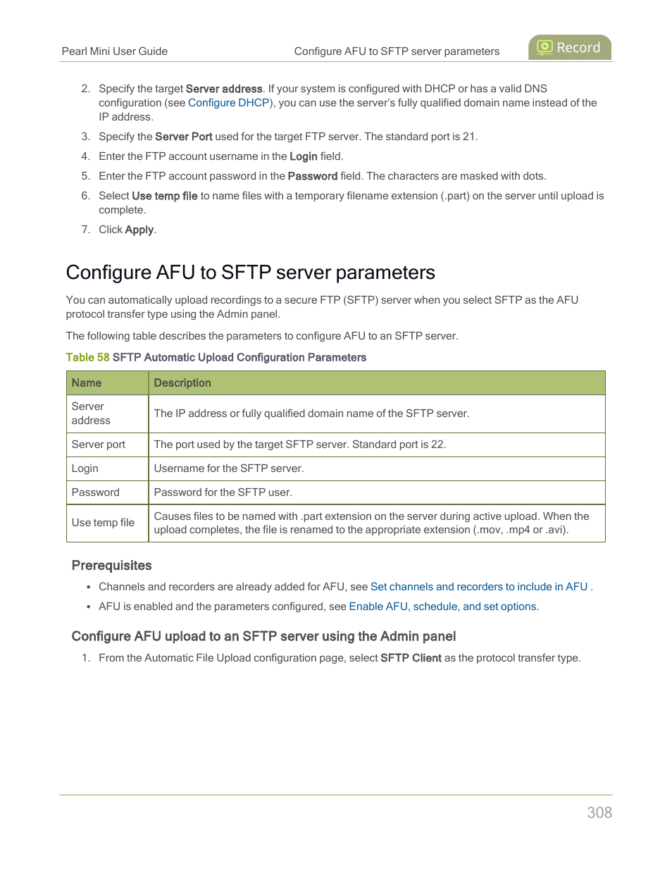 Configure afu to sftp server parameters | Epiphan Pearl Mini Live Video Production System with 512GB SSD (NA/JP) User Manual | Page 319 / 459