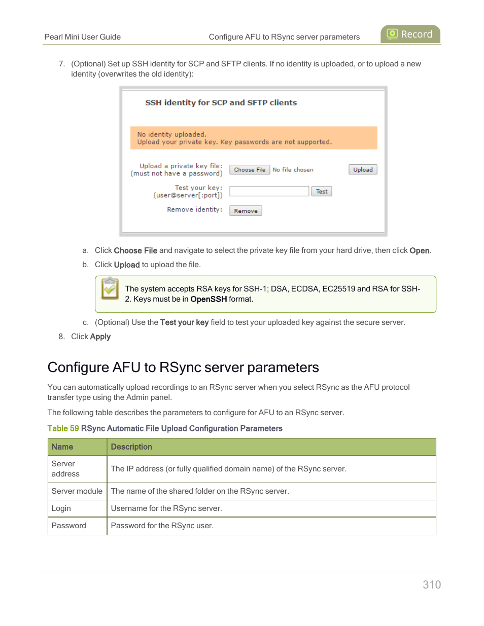 Configure afu to rsync server parameters | Epiphan Pearl Mini Live Video Production System with 512GB SSD (NA/JP) User Manual | Page 321 / 459