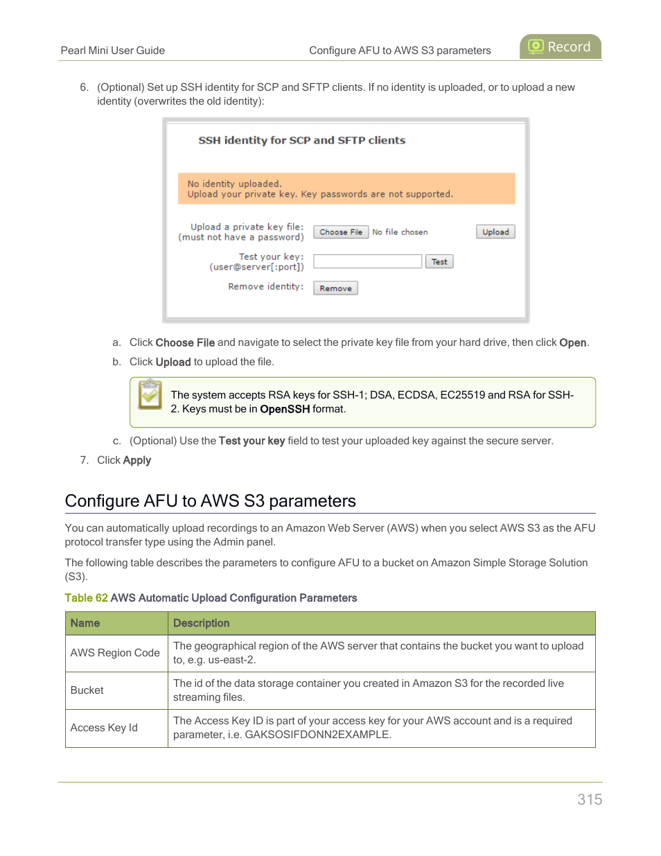 Configure afu to aws s3 parameters | Epiphan Pearl Mini Live Video Production System with 512GB SSD (NA/JP) User Manual | Page 326 / 459