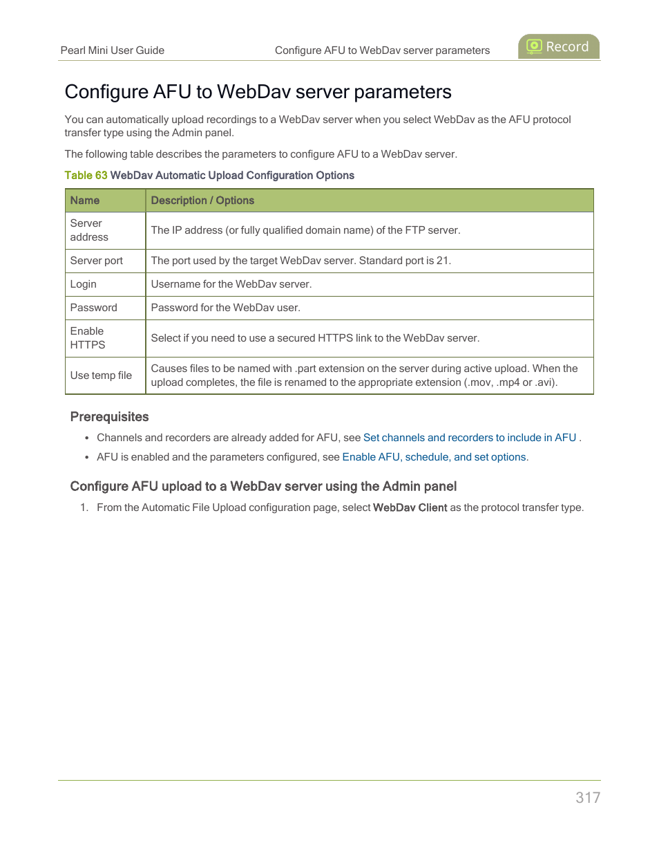 Configure afu to webdav server parameters | Epiphan Pearl Mini Live Video Production System with 512GB SSD (NA/JP) User Manual | Page 328 / 459