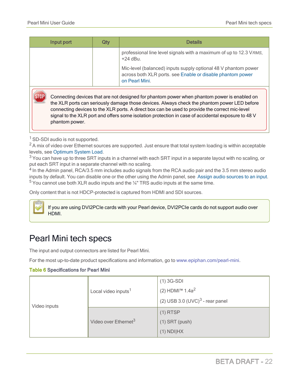 Pearl mini tech specs, Beta draft - 22 | Epiphan Pearl Mini Live Video Production System with 512GB SSD (NA/JP) User Manual | Page 33 / 459