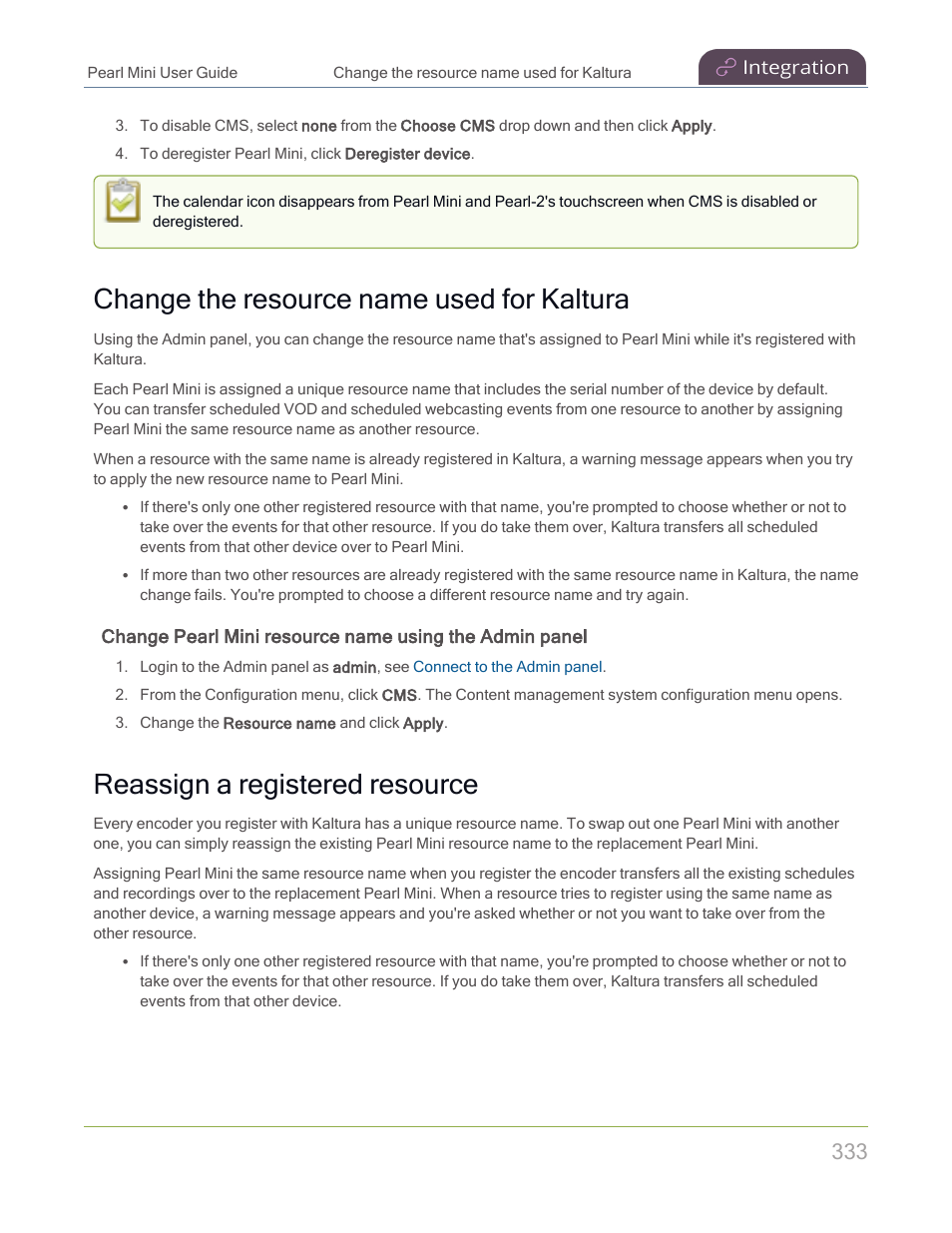 Change the resource name used for kaltura, Reassign a registered resource | Epiphan Pearl Mini Live Video Production System with 512GB SSD (NA/JP) User Manual | Page 344 / 459