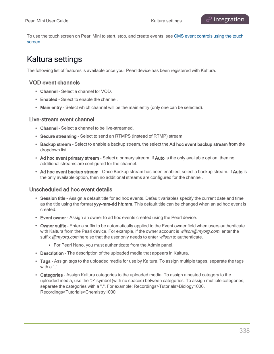 Kaltura settings, Vod event channels, Live-stream event channel | Unscheduled ad hoc event details | Epiphan Pearl Mini Live Video Production System with 512GB SSD (NA/JP) User Manual | Page 349 / 459